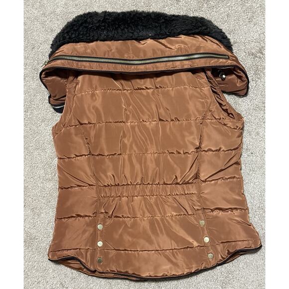 H&M Bronze Brown Puffer Vest Sleeveless Jacket Size Small Faux Fur Collar Zipper - Picture 6 of 7
